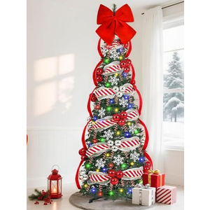 Uspring 6 FT Pop Up Christmas Tree with Lights, Artificial Collapsible Red Christmas Trees with Remote Control & Colorful LED Light, Pre Decorated Surround Ribbon, Ball Ornaments, Holiday Party Decor