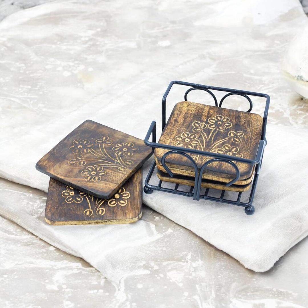 Rustic Wooden Coaster Set with Holder, Drink Coasters, Pattern Design, Brown, Decorative Table Protection Eco-Friendly, Absorbent, Antique Look Handcrafted Coasters (Iron Case)