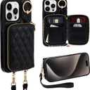 Keallce Case for iPhone 15 Pro Max 6.7'' Wallet Case, Crossbody Zipper Purse Handbag Wristlet for Women, RFID Blocking Card Holders, 360 Ring Kickstand Flip Leather Cover for iPhone 15 Pro Max, Black