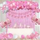 Pink Bow Birthday Party Decorations for Girl Women, Balloon Arch Kit Include Pink and White Bow Balloons Happy Birthday Banner Fringe Curtain Coquette Party Decorations