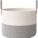 JMvicyroam 115L Extra Large Blanket Basket for Living Room - Woven Cotton Rope Laundry Hamper with Reinforced Handles - Storage Bin for Pillows, Comforters & Toys - Machine Washable, White&Grey