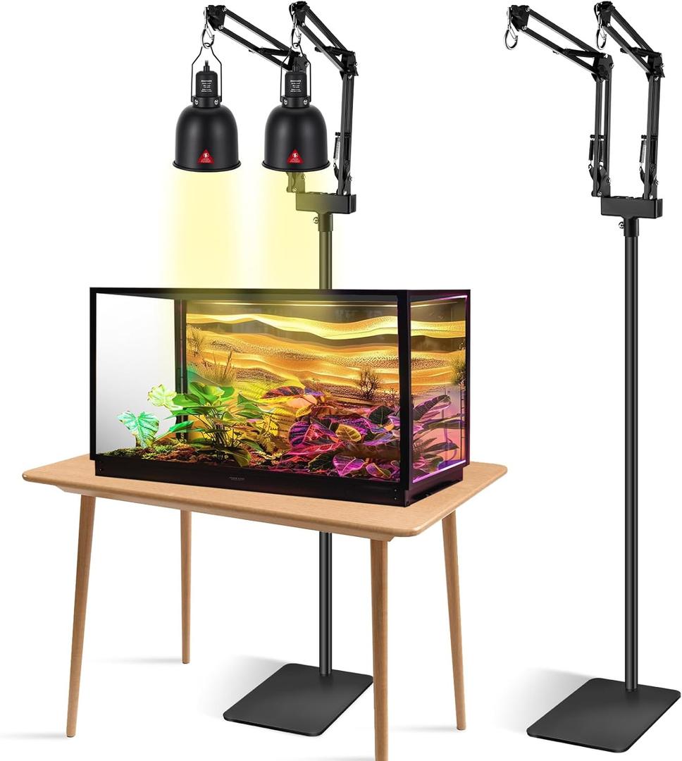 Dual Reptile Lamp Stand Reptile Light Stand with Two Flexible Brackets, Height Adjustable (15.7 inch to 74.3 inch) for Hanging Heat Lamp Holder and Light Fixture