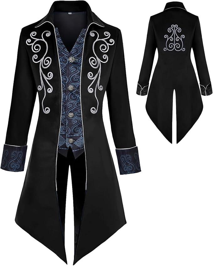 KDAFJLKD Medieval Clothing Men's Costumes Steampunk Jacket, Victorian Gothic Tailcoat, Halloween Pirate Vampire Costumes (Black, Large)