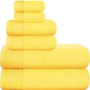 GLAMBURG 100% Cotton Ultra Soft 6 Pack Towel Set, Contains 2 Bath Towels 28x55 Inches, 2 Hand Towels 16x24 Inches & 2 Wash Coths 12x12 Inches, Compact Absorbent Lightweight & Quickdry - Lime Yellow