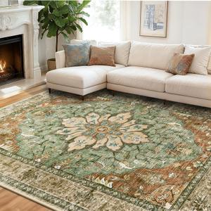 Vacuum-Friendly Area Rugs 8'x10' Machine Washable, Non-Slip, Floral Vintage Distress Print Pattern Medallion Carpet for Living Room Bedroom Brick Red Rust Neutral Brown Burnt Orange Green