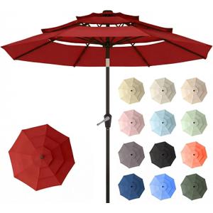 10ft Patio Umbrella, 3 Tier Outdoor Market Table Umbrellas with 8 Fiberglass Ribs and Push Button Tilt, Windproof, Vented Canopy, UV Protection for Deck, Pool, Backyard (Red)
