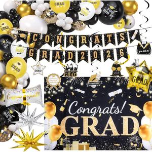 Black Gold Congrats Grad 2026 Party Decorations Kit - Complete Graduation Supplies with Banner, Backdrop and Balloon Garland for High School & College Celebrations
