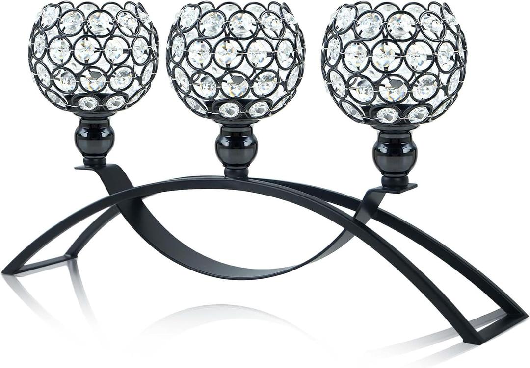 3 Arms Crystal Candelabra Centerpieces Gold Candle Holder Stand for Wedding Home Decor,Candle Holder for Table Centerpiece Party Decoration (Black)