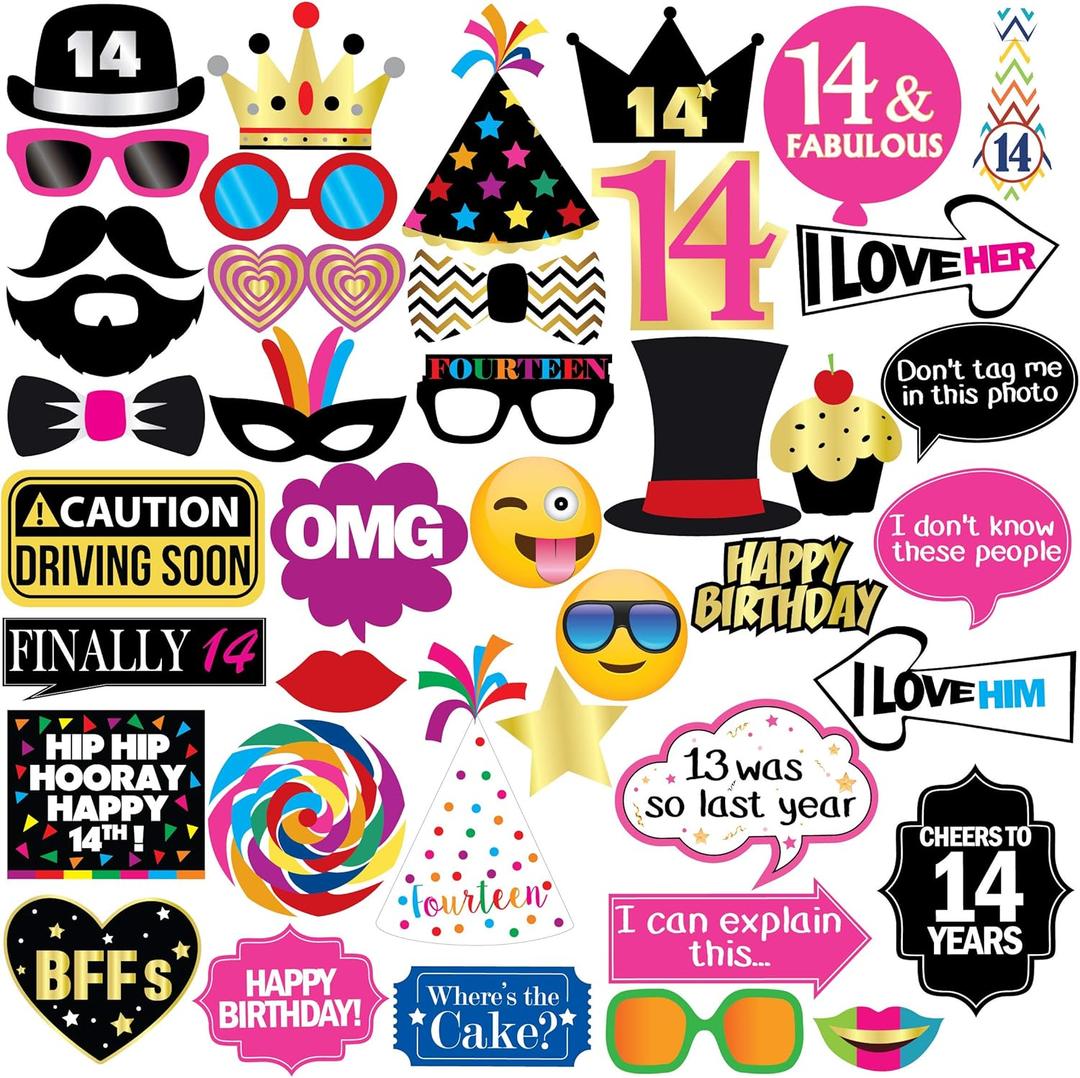14th Birthday Photo Booth Party Props - 40 Pieces - Funny Kids Birthday Party Supplies, Decorations and Favors