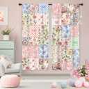 Riyidecor Boho Pink Floral Curtains Short Vintage Cute Patchwork Flowers Bohemian Plants Shabby Chic Retro Farm Rod Pocket for Women Female Bedroom Living Room Treatment Fabric 2 Panels 29Wx63H Inch