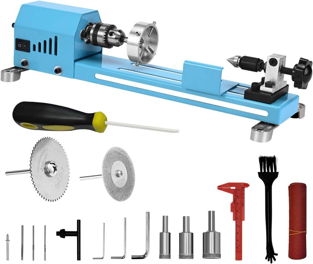 Mini Lathe Wood Lathe Machine Multi-Purpose Type Lathe Milling Cutting Grinding Polishing Professional Table Top Lathe Tool Kit