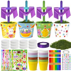 Cinrobiye 12Sets Easter Crafts Cross Kit with Pot Base Stickers Ribbon Christian Religious Holy Week Decor Church Sunday VBS School Classroom Activities Bulk