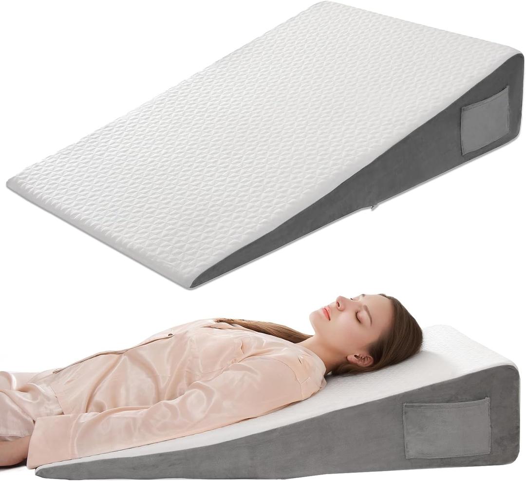 Vekkia 34" Extra-Long Wedge Pillow, Back & Arm Support, Bed Wedge Pillow for Sleeping After Surgery, Acid Reflux, Snoring Relief, Removable Washable Cover & Double Side Pockets, 7.5" Height, Gray, Longer Wedge Pillow