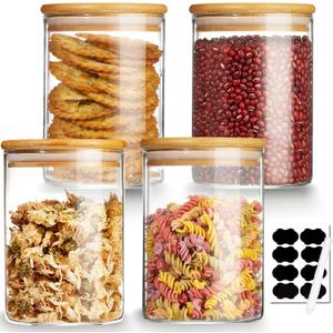 Mfacoy 4 Pack Glass Storage Jars with Airtight Bamboo Lid, 27 OZ Glass Canisters Set with Labels, Glass Food Storage Jar for Kitchen, Clear Container for Candy, Cookie, Coffee Beans, Snacks, Spices