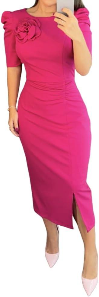 CHICME Women's Bodycon Midi Dress Ruched Puff Sleeve Cocktail Pencil Dress Casual Slit Party Work Dresses (XX-Large, Hot Pink)