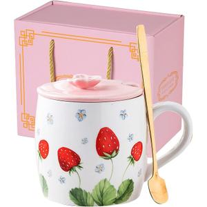 13.5oz Cute Strawberry Ceramic Coffee Mug with Lid Gold Spoon Tea Cup Cute Mugs for Women Friend Colleague Boss Gifts