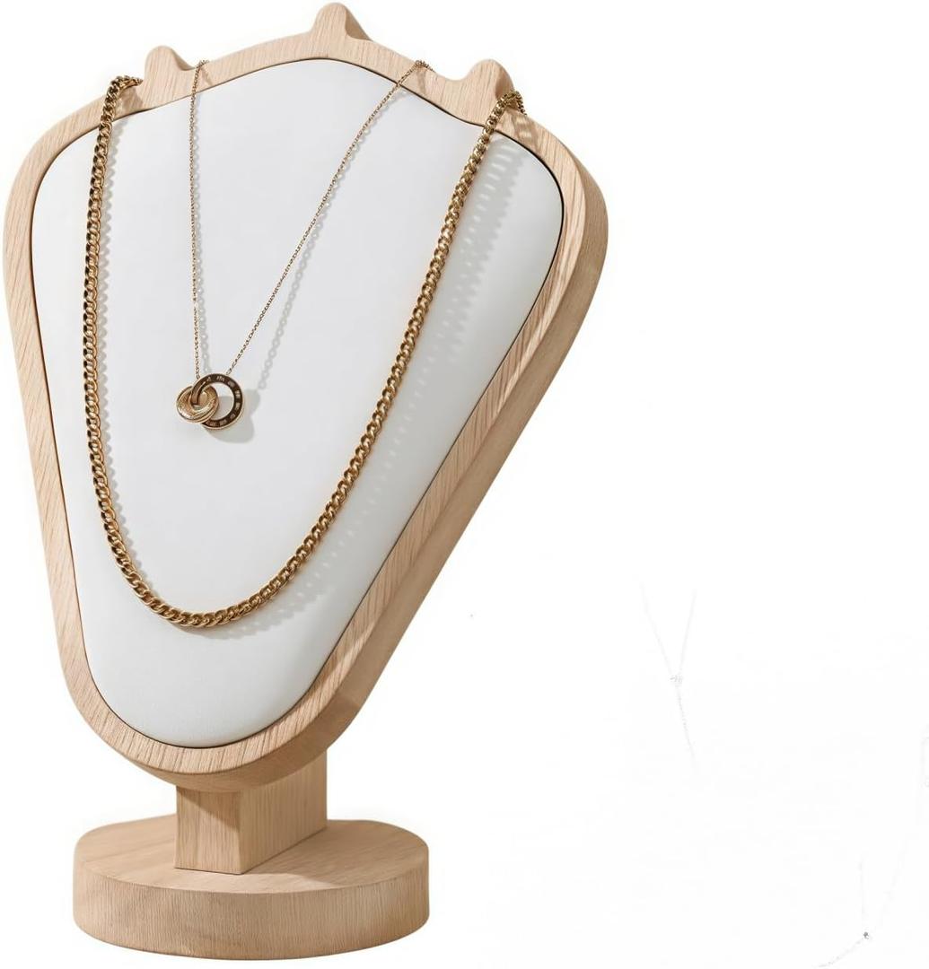 Natural Body Wood Necklace Display Stand with White Leather Soft Mat Necklace Holder Organizer Desktop Stand for Home Store Dresser-3.3"x5.8"x8.4"