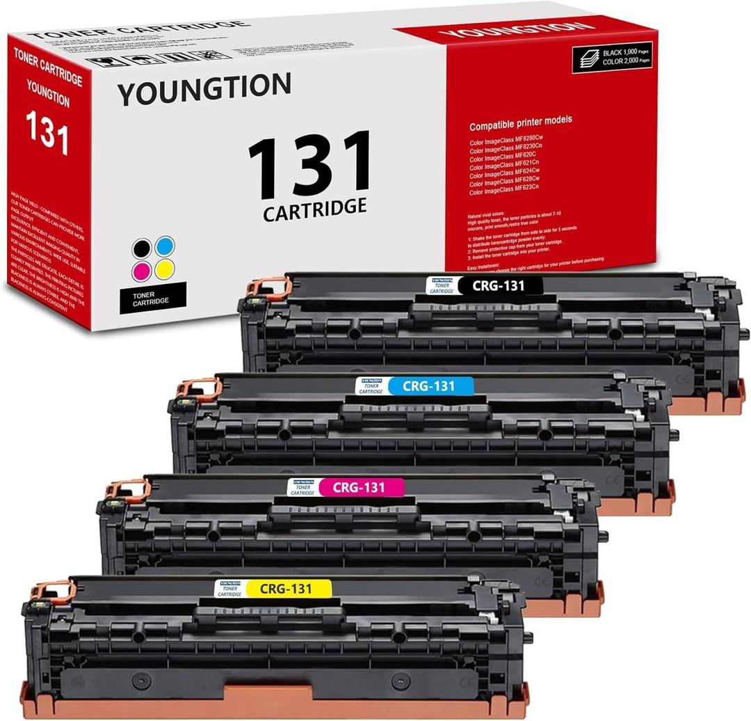 4-Pack 131 Toner Cartridges High-Yield (BK/C/M/Y) - Youngti Compatible CRG-131 CRG131 Toner Replacement for Canon 131 Color imageCLASS MF8280Cw MF624Cw MF628Cw LBP7110Cw Printer