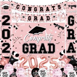 Graduation Decorations Class of 2025, Black Pink Graduation Party Decorations Set Includes Congrats Grad Backdrop Banner, 2025 Foil Balloons and Latex Balloons, Graduation Party Supplies