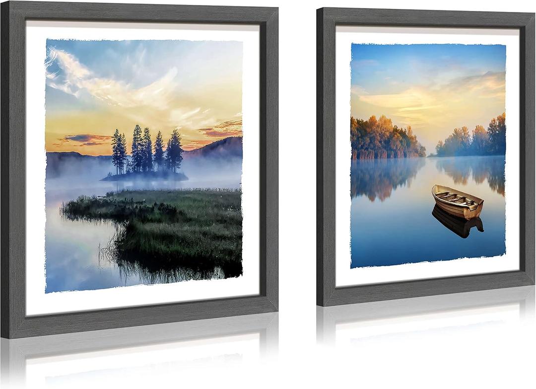 Lake Landscape Framed Wall Art: Modern Wilderness Boat Tree Scenery Foggy Mountain Picture Natural Sunset Sunrise Artwork Print Painting for Bedroom Living Room Bathroom Office, 12"L x 12"W