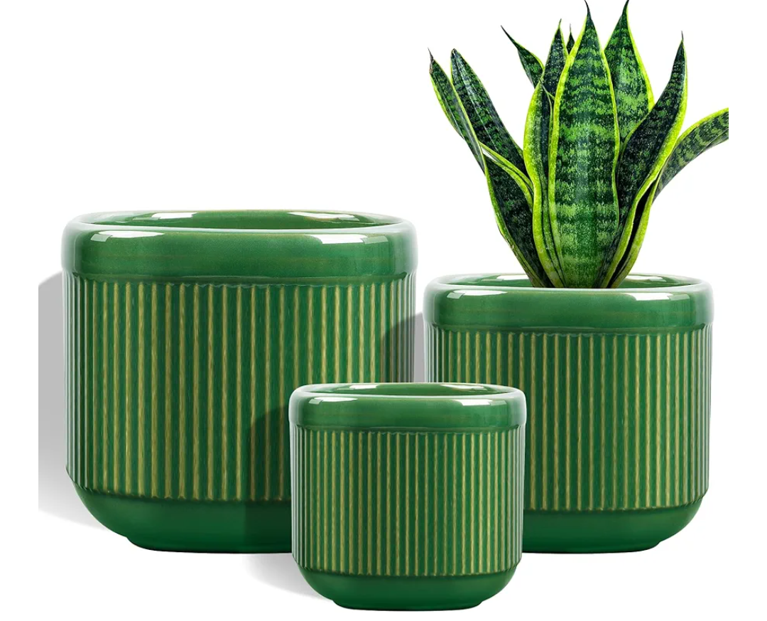 KERUITA Ceramic Plant Pots Set of 3 – Square Indoor Planters with Drainage Hole, Mesh Pad & Stopper – Decorative 5/7/9 Inch Flower Pots for Home Office-Green
