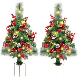 Set of 2 Pathway Christmas Tree Urn Filler, Lighted Artificial Mini Xmas Trees with Lights, Outdoor Christmas Decorations for Porch, Driveway, Yard (5 Pine Cones)