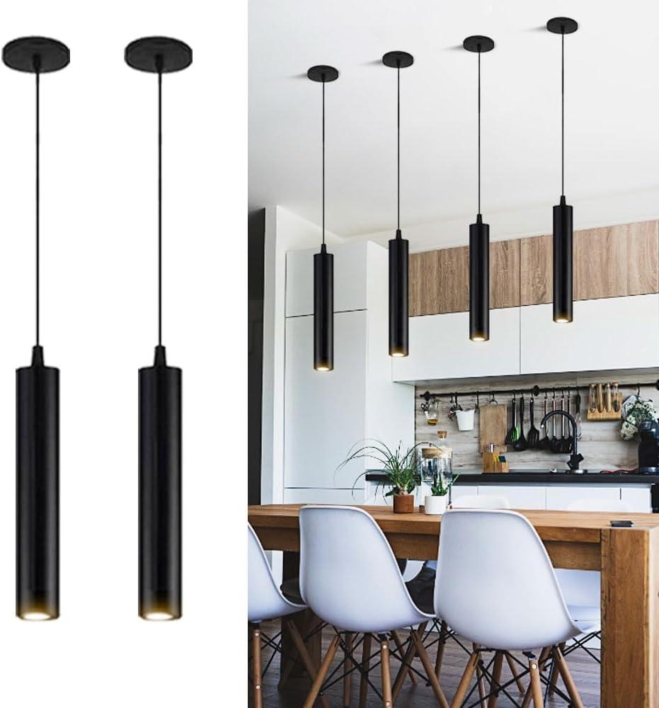 Modern Black Pendant Lights 2 Pack, LED Minimalist Pendant Lighting Fixture for Kitchen Island, Long Tube Hanging Light Cord Adjustable for Living Room Bedroom Dining Room Bar