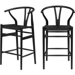 Weave Counter Height Bar Stool, 27" Fully Assembled Wishbone Barstool with Back and Straight Wood Legs, Mid Century Modern Bar Chair Island Stool for Kitchen Island, Black, Pack of 1 