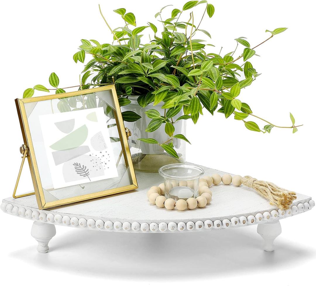 Amyhill Wood Corner Counter Shelf Corner Riser for Kitchen Counter White Wash Rustic Bathroom Countertop Organizer Decorative Tray Riser Pedestal Stand with Removable Feet for Kitchen Bar, 11.81 Inch