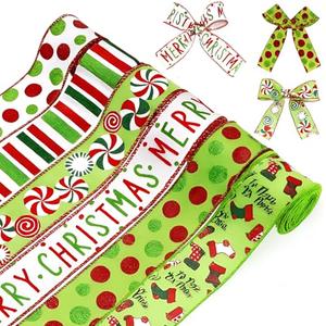 Tigeen 6 Rolls 30 Yards Red and Green Christmas Wired Ribbons Edge Candy Polka Dot Xmas Stocking Ribbons for Holiday Decorations Gift Wrapping Wreath Bows DIY Crafts Making, 2 Inch