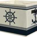 Navy Blue Nautical Storage Bins, Coastal Beach Boat Anchor Rudder Collapsible Storage Box Laundry Basket with Handle for Home Bedroom Bathroom Office Clothes Toys Books