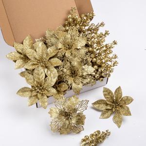 24Pcs Gold Glitter Poinsettia Christmas Tree Ornaments and Glitter Berries Stems, 16Pcs Christmas Artificial Flowers and 8 Pack Christmas Tree Picks for Wedding Holiday Decorations
