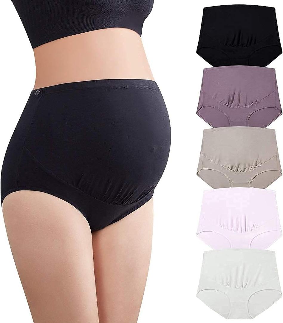 Mama Cotton Women’s Over The Bump Maternity Panties High Waist Full Coverage Pregnancy Underwear Adjustable Waistband (Multicolor B 5 Pack, Size-M)