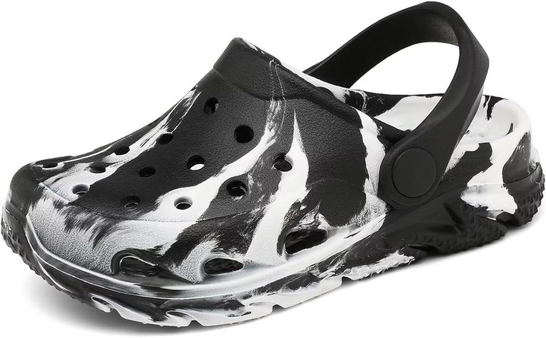 Cubufly Toddler Kids Clogs Garden Shoes for Boys Girls Marbled Tie Dye Water Shoes Slip on Sandals (2 Big Kid, Black/White)