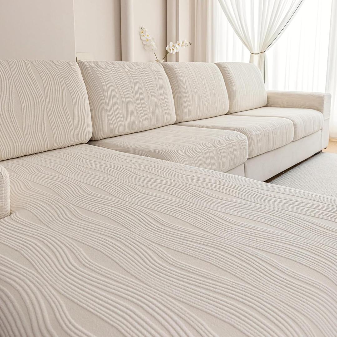 Couch Cushion Covers, Super Stretch Washable Sofa Slipcovers for L Shaped & Modular Seats, Pet-Friendly Furniture Protector with Stripe Design, (2 Seaters+1 Chaise, Ivory) (Ivory / Wave Pattern)