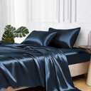 MR&HM Satin Bed Sheets with Elastic Corner Straps, King Size Sheets Set, 4 Pcs Silky Bedding Set with 15 Inches Deep Pocket for Mattress (King, Mood Indigo)
