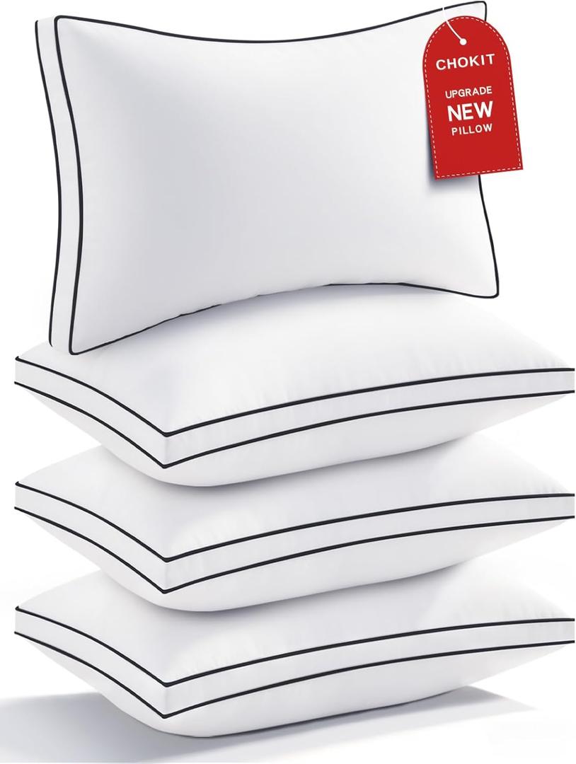 Premium Pillows King Size Set of 4, Fluffy and Supportive 7D Down Alternative Bed Pillows, Luxury Soft Hotel Quality Gusseted Pillow for Side Back Stomach Sleepers, Relief Neck Head and Shoulder Pain (Black Edge)