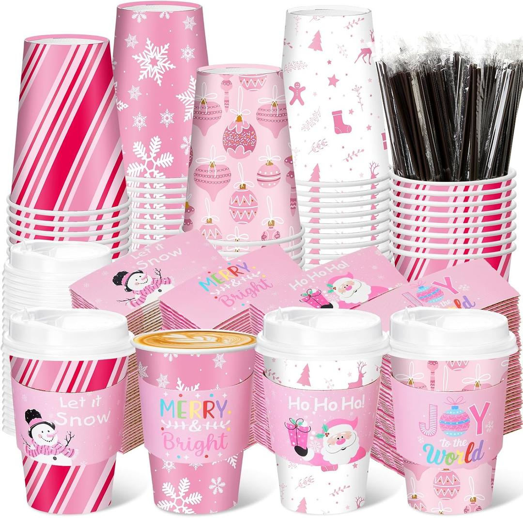 Layhit 100 Sets Pink Christmas Disposable Coffee Cups with Lids Sleeves and Stirring Straws 12oz Snowflake Coffee Paper Cups for Christmas Party Supplies