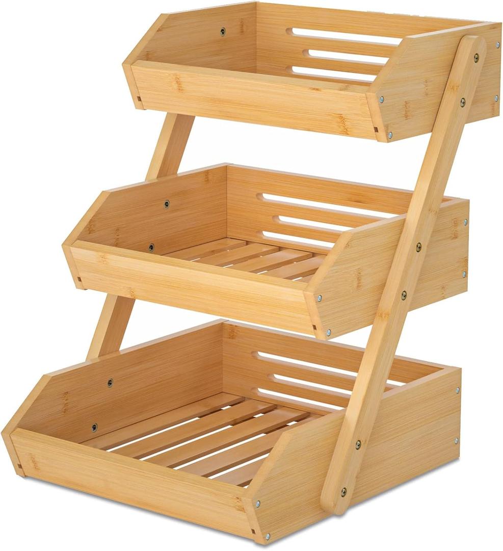 Merysen Large 3 Tier Bamboo Fruit Basket Stand for Kitchen Countertop Fruit Holder Suitable for Bread, Vegetables, Produce, Home Storage and Display