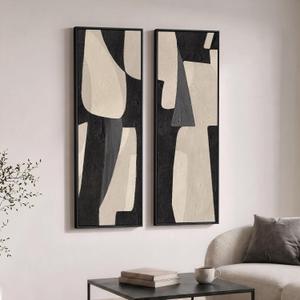 Large Framed Neutral Abstract Vertical Wall Art, Set of 2 Modern Canvas Prints Paintings for Walls, Tall Beige Cream Long Narrow Minimalist Pictures for Living Room Bedroom Hallway Entryway Wall Decor
