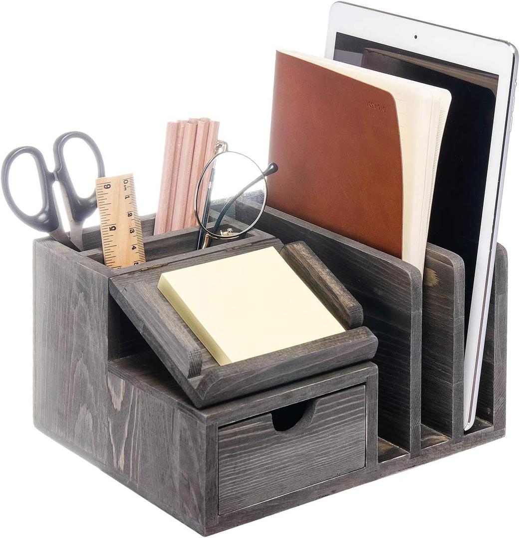 Liry Products Gray Rustic Wood Desk Organizer Storage Cabinet Mail File Paper Sticky Note Memo Pad Folder Office Supplies Caddy Tabletop Holder Accessory Sorter Multiple Compartments with Drawer Home