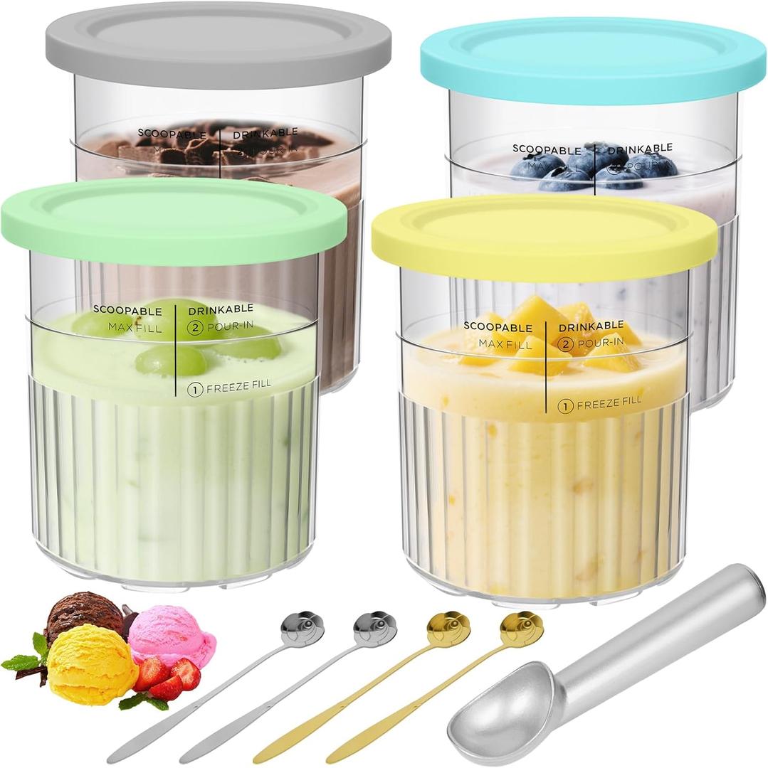 QUIENKITCH 24OZ Creami Deluxe Containers Compatible with Ninja NC500 NC501 Series Ice Cream Makers - 4 Pack Creami Pints and Lids - BPA-Free & Dishwasher Safe - 4 Color Lids & Stainless Spoons