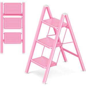 Pink Step Ladder 3 Step Folding, Small Step Stool for Women to Reach Higher Places, Widen 7.9Inch Pedal for Comfortable Use, Anti-Slip Foot for Safe Use, Sturdy and Fold Thin, 330Lbs Load