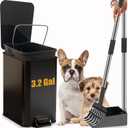 Metal Dog Pooper Scooper for Yard - 3.2Gal Dog Poop Trash Can Outside with Pedal - Pet Waste Container Outdoor - Stainless Steel Garbage Bucket with Lid - Black Trash Bin, Long Handle Tray and Rake