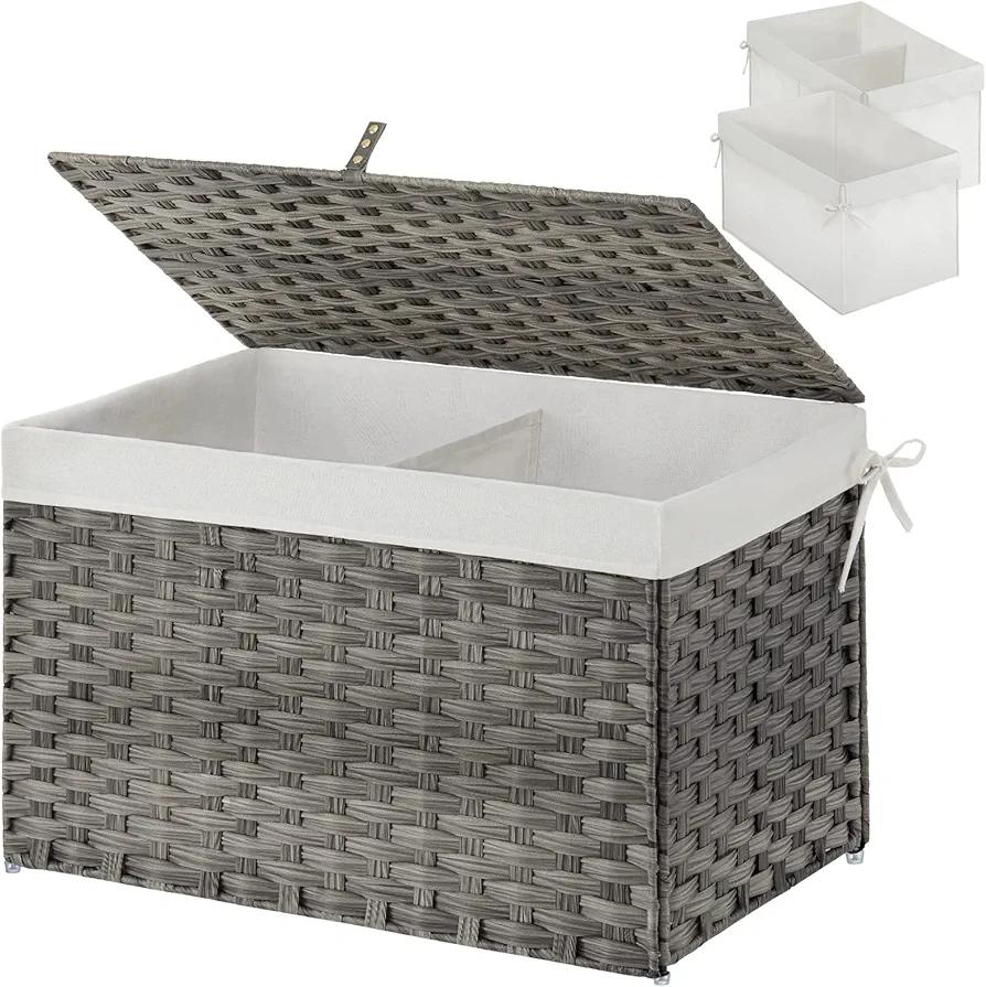 GREENSTELL Storage Basket with Lid, 105L Large Wicker Basket with Lid, Handwoven Blanket Storage Basket with Handles, Removable Cotton Liner, Metal Frame, Foldable for Bedroom, Laundry Room, Grey