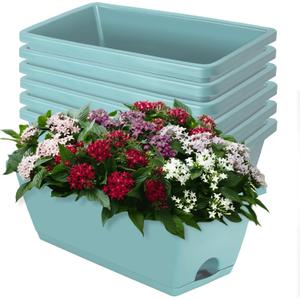 LOCONHA Window Box Planter, Plastic Vegetable Flower Planters Boxes 17 Inches Rectangular Flower Pots with Saucers for Indoor Outdoor Garden, Patio, Home Decor (7, Sky Blue)
