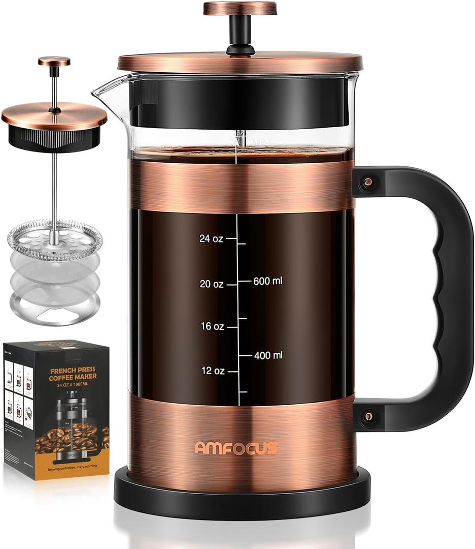 French Press Coffee Maker - 34 Ounce Classice Stainless Steel Coffee Press with 4-Level Filtration System, Heat Resistant Thickness Borosilicate Glass French Press Coffee Pot for Camping Travel Gift (Copper)