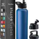 FineDine Triple Walled, Insulated Water Bottles with Straw - 40 Oz Stainless Steel Metal Bottle W/ 3 Leak Proof Lids - For Travel, School, Sports, Gym/Men, Women & Kids - Majestic Sapphire