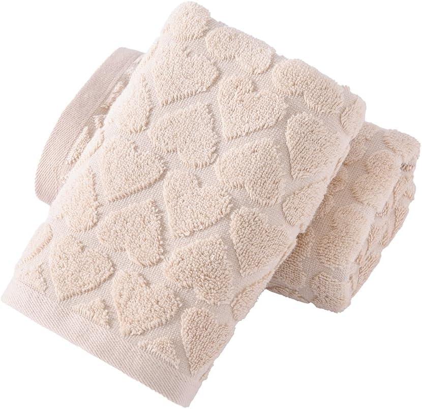 YiLUOMO Full Embossed Hearts Pattern Khaki Hand Towel Set of 2 Mother's Day Decorations 100% Cotton Super Soft Highly Absorbent Decorative Hand Towels for Bathroom Home 13x 29 Inch