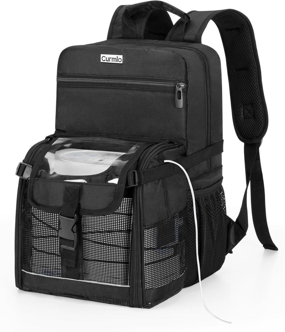 CURMIO Travel Backpack Compatible with Inogen, OxyGo and Caire Units, Portable Oxygen Concentrator Bag with Storage Compartment, Black (Bag Only, Patent Pending)